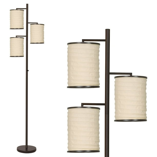 Kira Home Revel Haru 74 Modern Asian 3 Light Tree Floor Lamp Lantern Style Beige Fabric Shades Bronze Finish Lantern Style Beige Fabric Shades