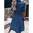 thumbnail image 2 of Women's Denim Shirt Dress V-Neck Short Sleeved Waist A-Line Jeans With Pockets Button Dress Fashion, 2 of 5