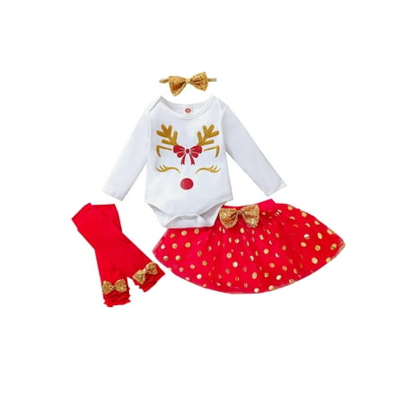 

4Pcs Baby Girls Christmas Outfits Reindeer Long Sleeves Romper + Tutu Skirt + Leg Warmer + Headband