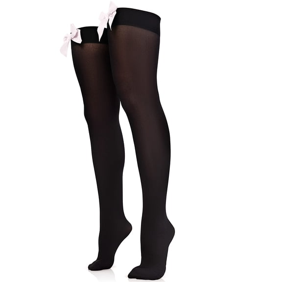 Skeleteen Bow Accent Thigh Highs - Black Over the Knee High Stockings with White Satin Ribbon Bow Accent for Women and Girls