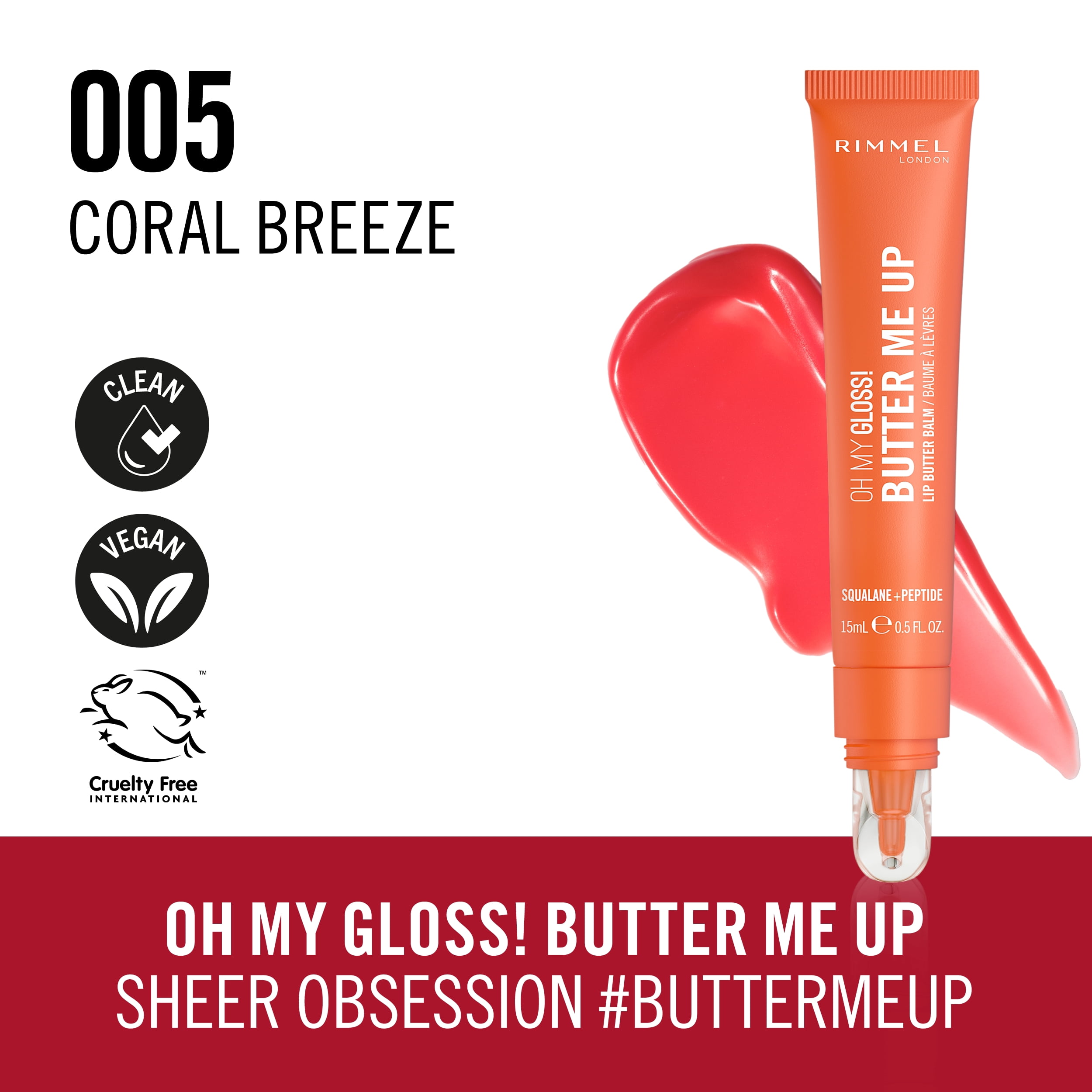 RIMMEL Oh My Gloss! Butter Me Up, 005 Coral Breeze, 0.5 fl oz