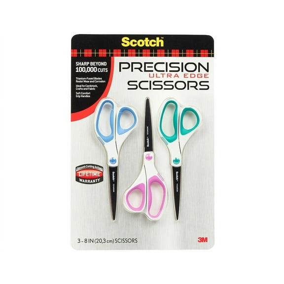 Scotch Precision Ultra Edge Scissors, 8 in., Assorted Colors, 3 Count