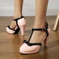 thumbnail image 3 of Platform Mary Jane Heels for Women T-Strap Pumps with Bow Chunky Heels Comfortable Wedding Leather Dress Shoes Pink Size 8.5, 3 of 5