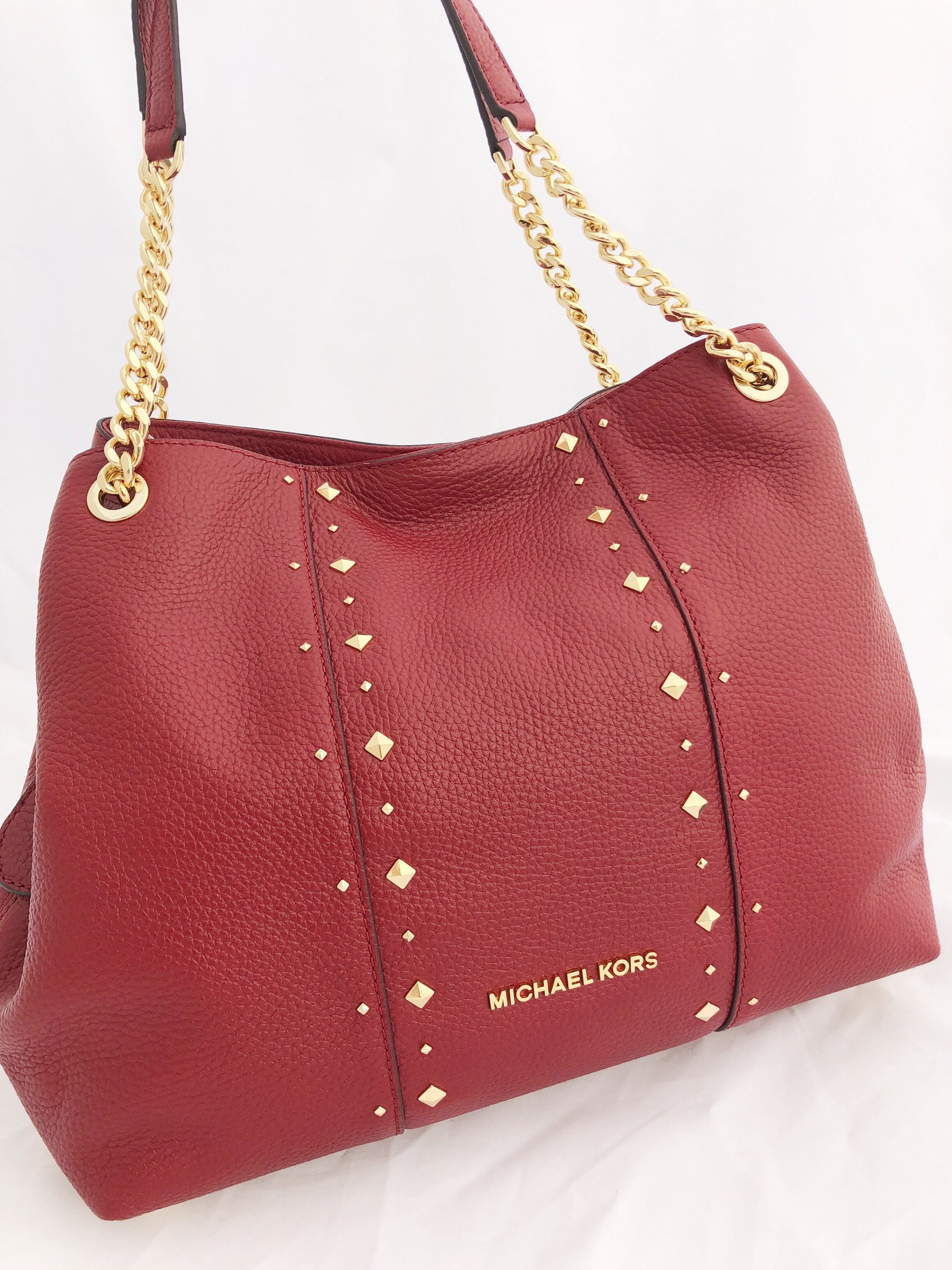 Michael Kors Jet Set Large Chain Shoulder Bag Hobo Michael Kors Jet Set Large Chain Shoulder Bag Hobo Tote Leather Cherry Red Stud