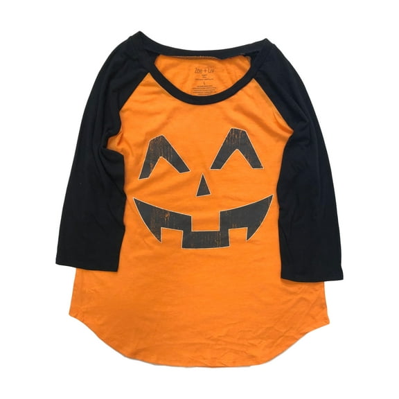 Womens 3/4 Sleeve Distressed Orange Pumpkin Face Halloween T-Shirt Tee Large