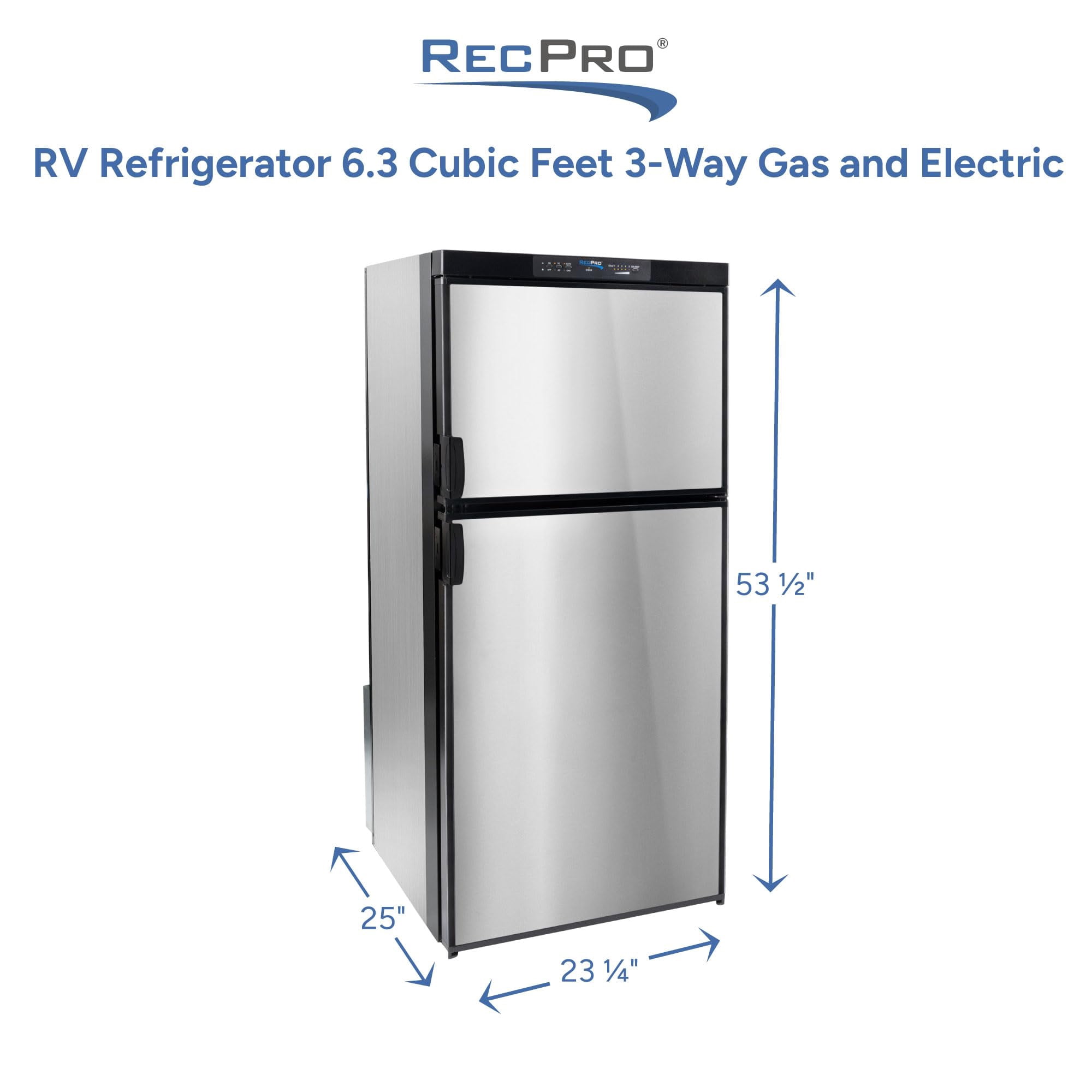 RecPro RV Refrigerator 6.3 Cubic Feet Gas and Electric | 110V / 12V / Propane Gas | Stainless Finish