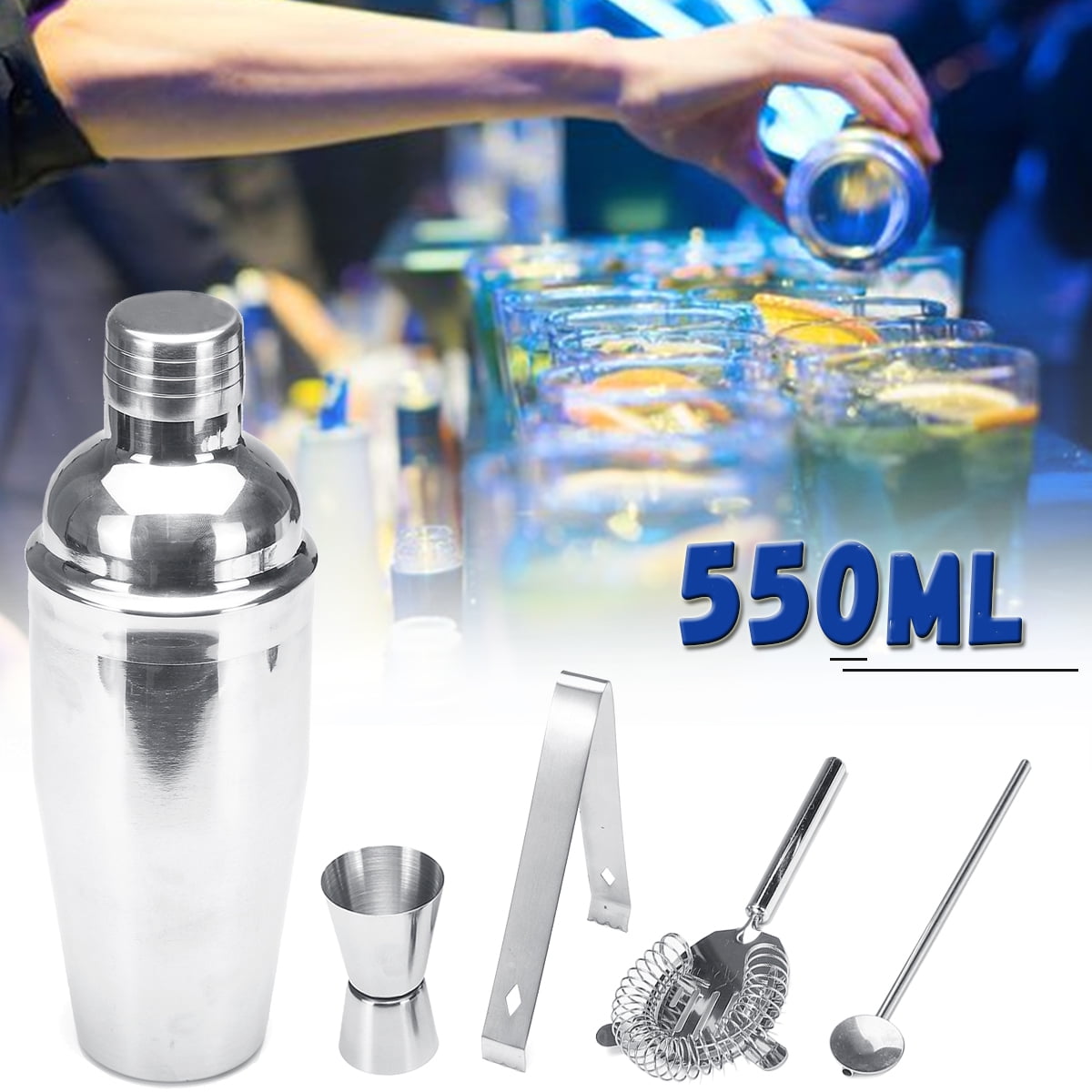 5pcs Stainless Steel Cocktail Shaker Mixer Bar Tool Set Martini Maker