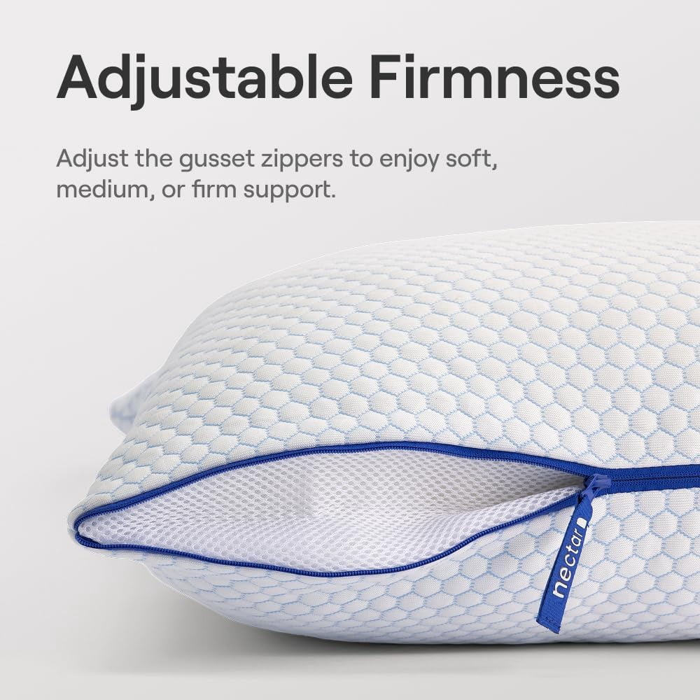Nectar Tri-Comfort Cooling Pillow - Adjustable Support & Firmness - Cooling Cover - Pressure Relief - Helps Reduce Neck Pain - Premium Memory Foam & Microfiber Down Alternative