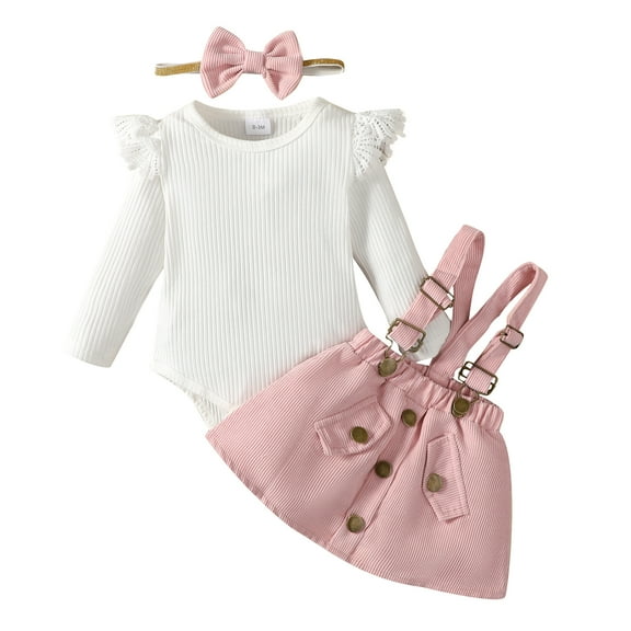 Kucnuzki Infant Baby Girls Winter Outfits 12-18 Months Warm Skirt Sets Ruffle Long Sleeves Knit Romper Solid Color Pullover Top Suspender Skirt with Headband 3PCS Clothing Sets