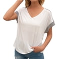 thumbnail image 3 of Camiseta de mujer Verano Cuello en V Rayas Manga corta Casual Top suelto, Blanco, S Advancent AP001320-05, 3 of 7