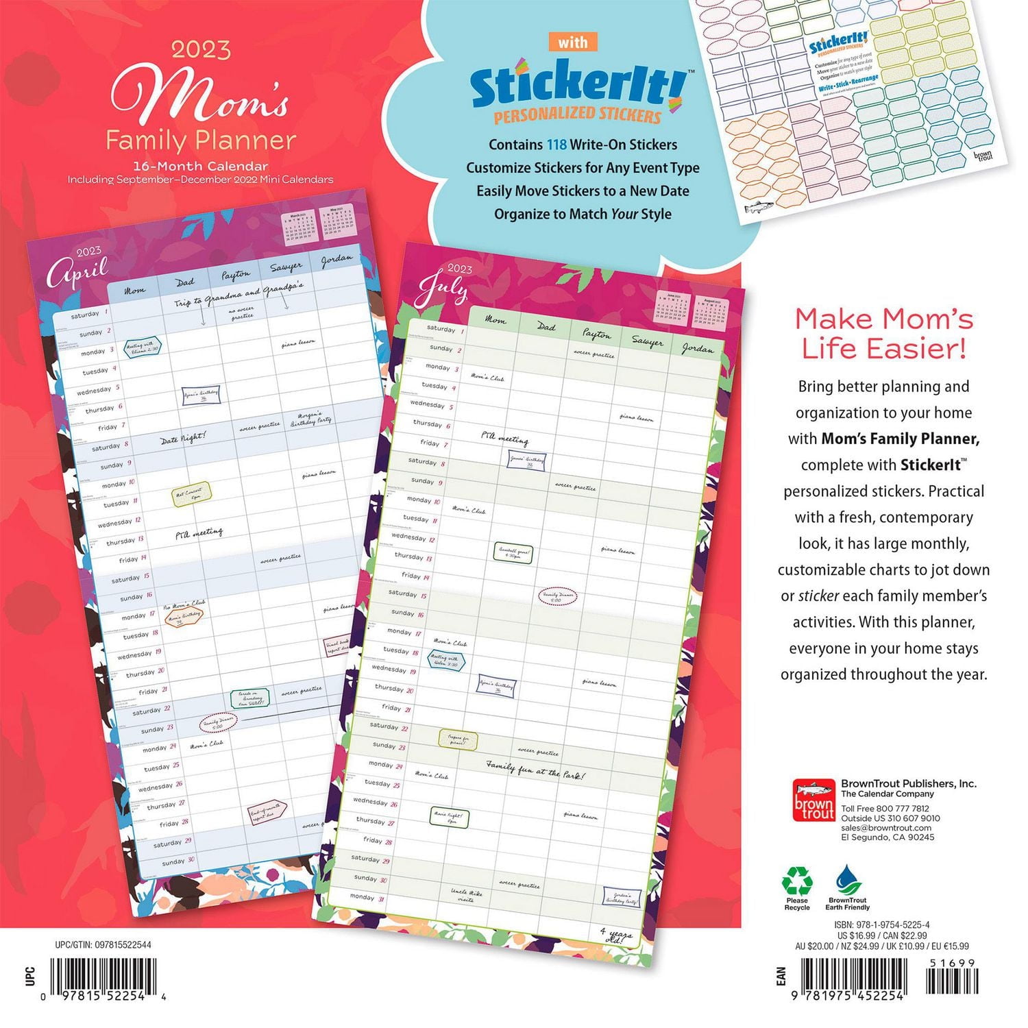 Mom's Family Planner | 2023 12x24 Inch Square Wall Calendar | Stickers