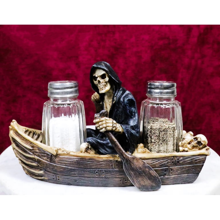 Grim Reaper Charon Skeleton Rowing Boat In River Styx Salt Pepper