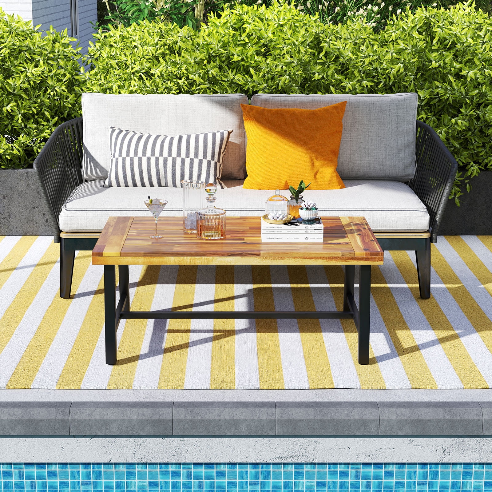 Gymax Acacia Wood Coffee Table Indoor Outdoor Rectangle Center Table w/ Thickened Top