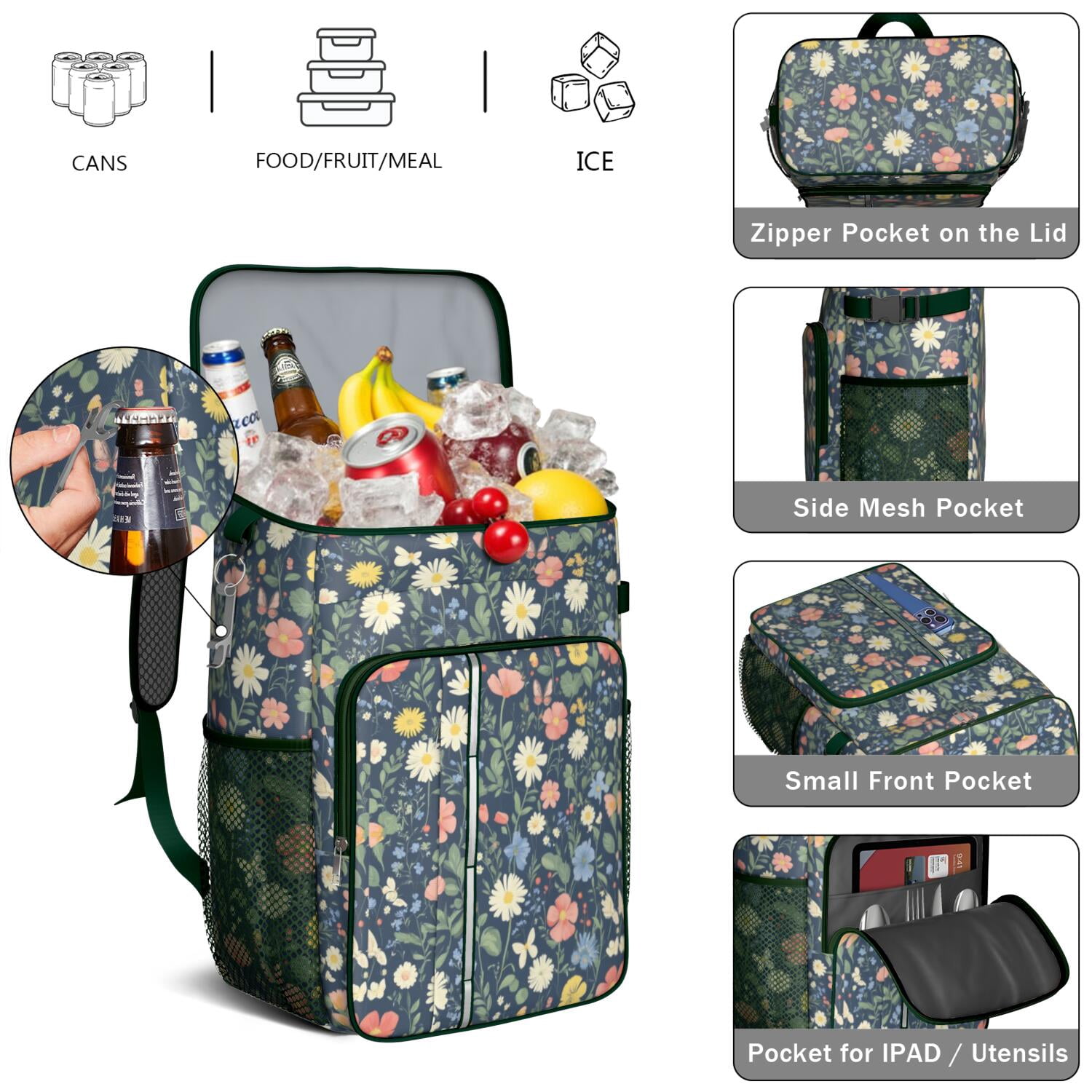 Travel Cooler Bag - Pioneer Flower Camping Beer Cooler Backpack with Bottle Opener- Waterproof Insulated Picnic Backpacks - Cooler Bag for Beach