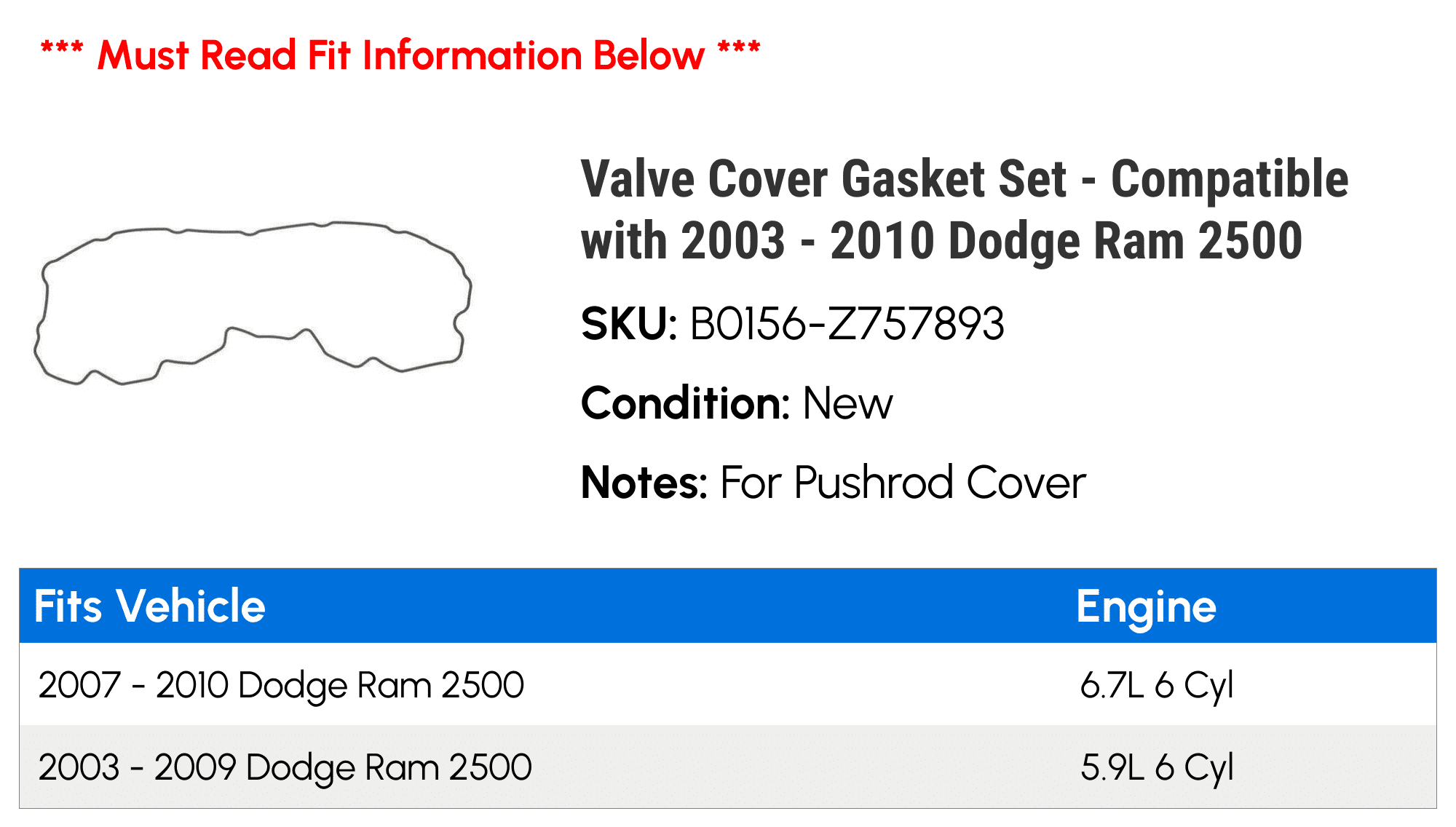 Valve Cover Gasket Set - Compatible with 2003 - 2010 Dodge Ram 2500 2004 2005 2006 2007 2008 2009