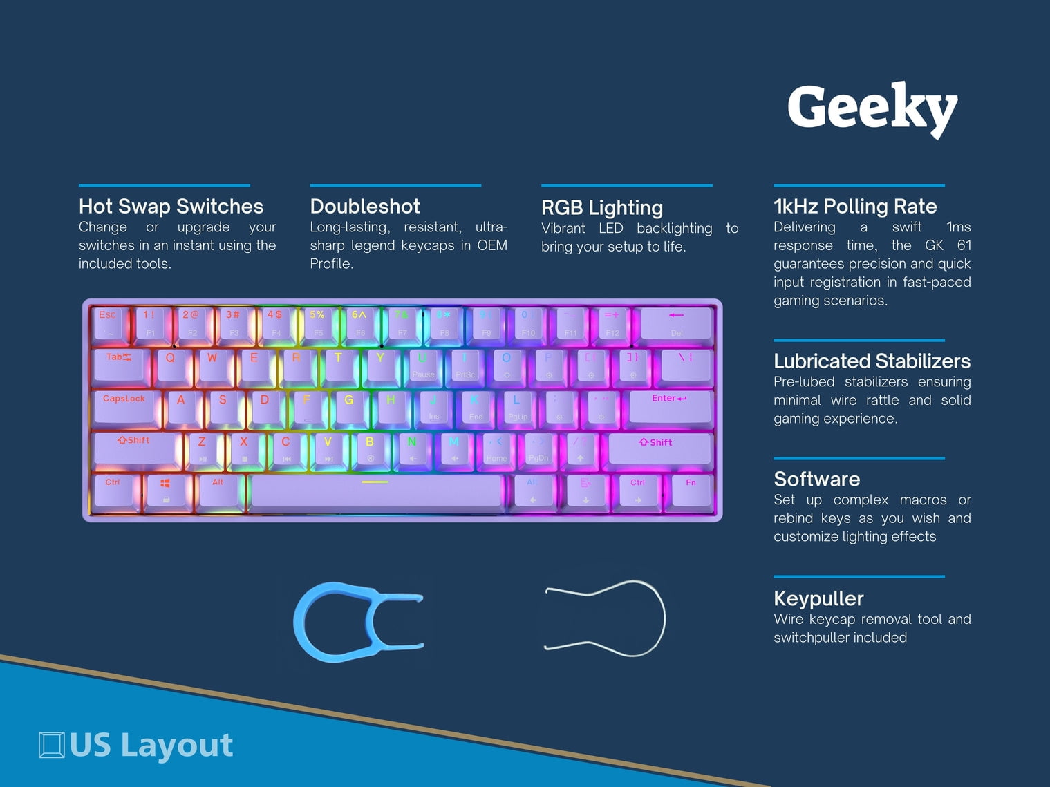 Geeky GK61 60% | Hot Swappable Mechanical Gaming Keyboard | 61 Keys Multi Color RGB LED Backlit for PC / Mac Gamer | ANSI US American Layout ( Lavender , Mechanical Red )