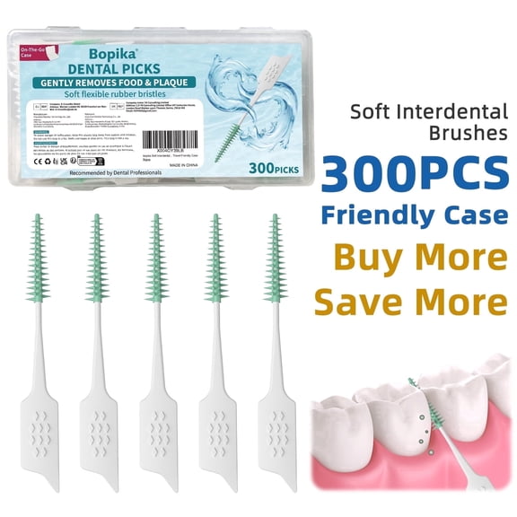 Bopika Soft Interdental Brushes for Teeth Cleaning Gentle Dental Picks for Braces Bridges Wide Gaps 300 Count with Travel Friendly Case