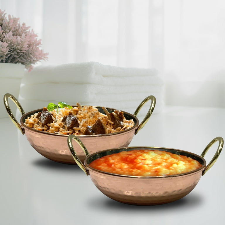 Set of 2 Indian Authentic Hammered Copper Serve ware Kadai Vegetable Dinner Bowl with Solid Brass Handle for Indian Food Serving Bowls for Cereal