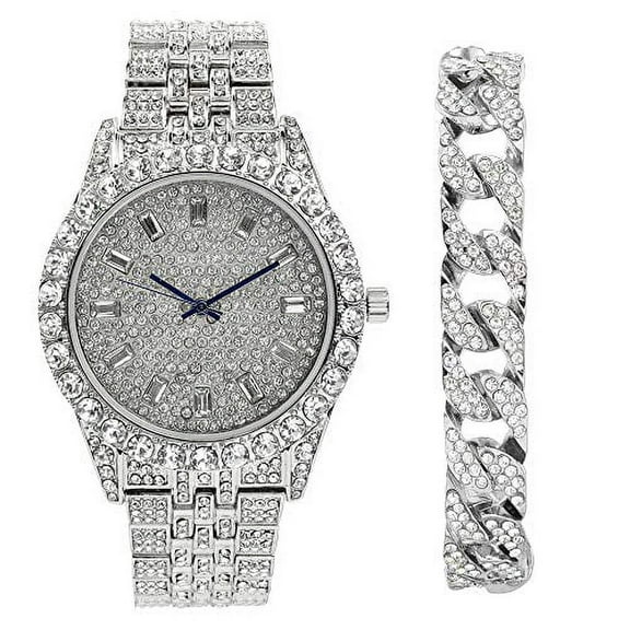 Charles Raymond Mens Wristwatch w/Matching Iced out Rolly Hip Hop Bracelet - Big Rhinestones and Elegant Baguette Time Indicators on Dial - Master Blinged out Design - ST10226B (Cuban Silver)