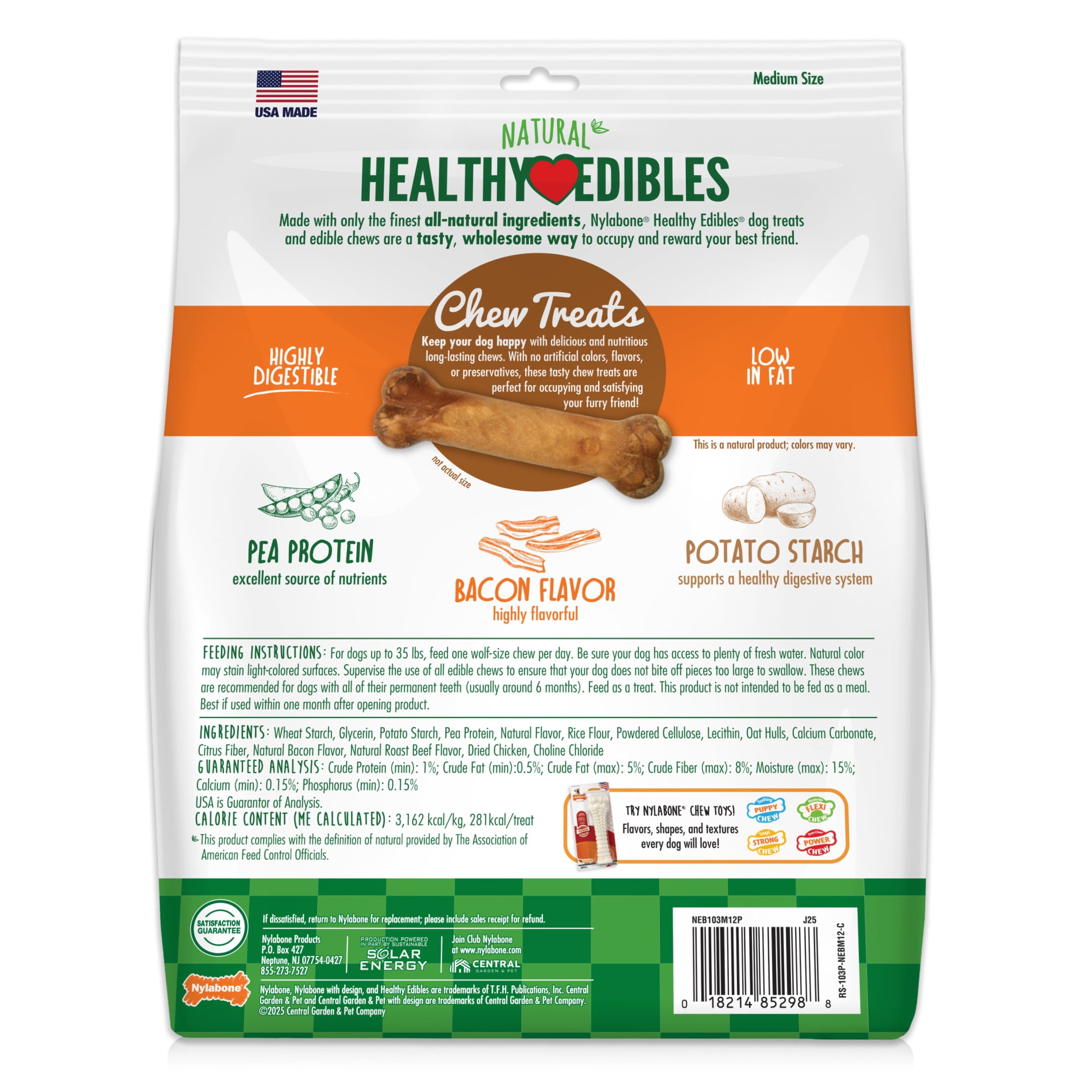 Nylabone Healthy Edibles Natural Dog Treats, Long Lasting Dog Bones, Bacon Flavor Dog Treats, For Medium Dogs (12 Count)