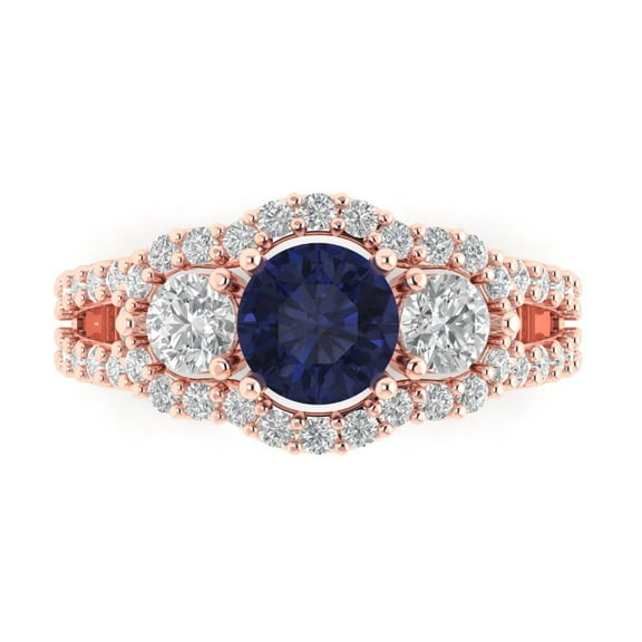 Three-Stone Engagement Ring for Women - 2.16ct Simulated Blue Sapphire in 14K Rose Gold Promise Ring