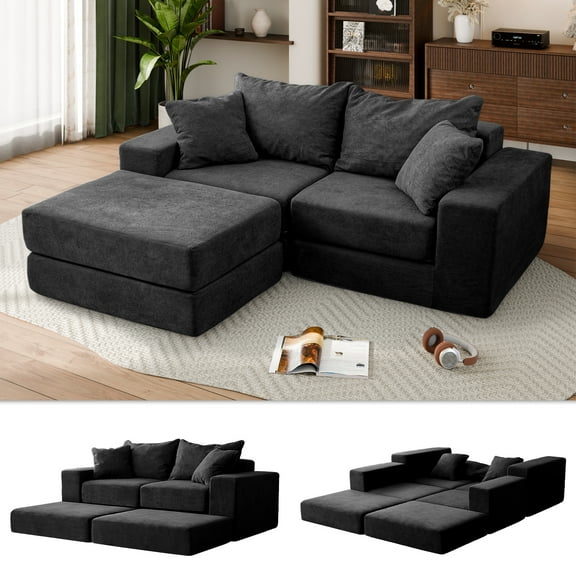 GEMBED Modular Sectional Loveseat Boneless Couch Modern Sleeper Sofa for Living Room Comfy Cloud Couch with L-Shape Chaise, No Assembly, Black