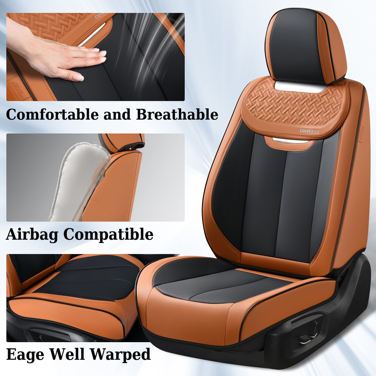 Coverado Car Seat Covers Full Set, Luxury Leather Front and Back Seat Protectors, Automotive Interior Cushions Universal Fit Most Cars, Black&Brown