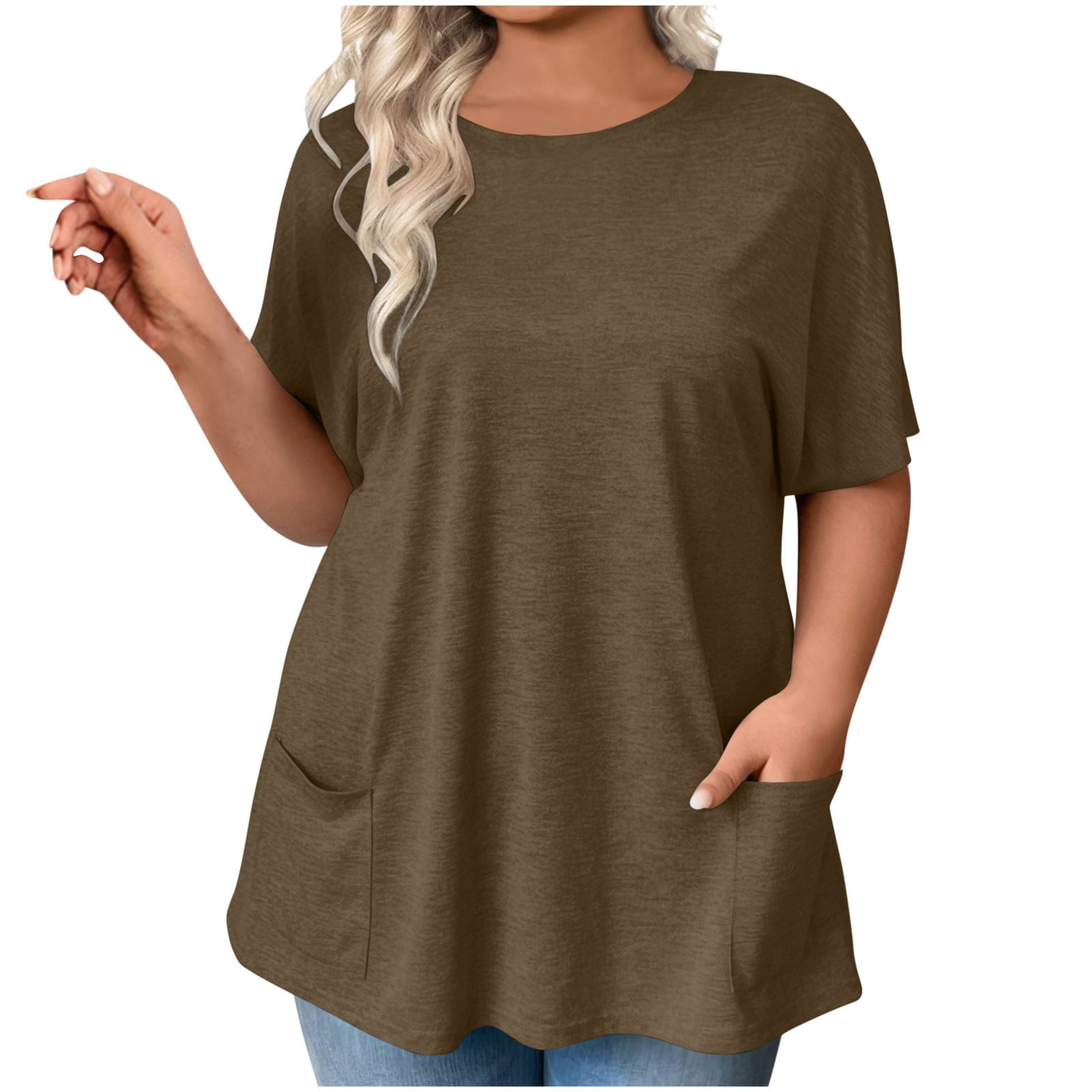 HUJlwoi T Shirts for Women Plus Sizes with Pockets Round Neck Half