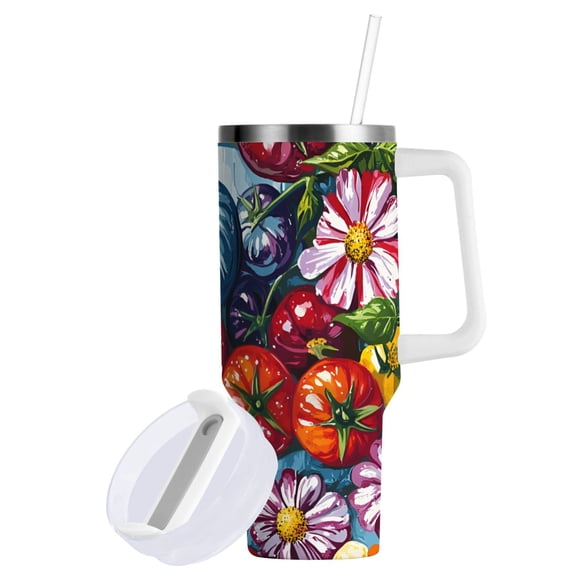 Yayeee 40oz Stainless Steel Tumbler with Straw and Handle Double-Wall Insulated Travel Water Bottle, Blue Floral Tomatoes