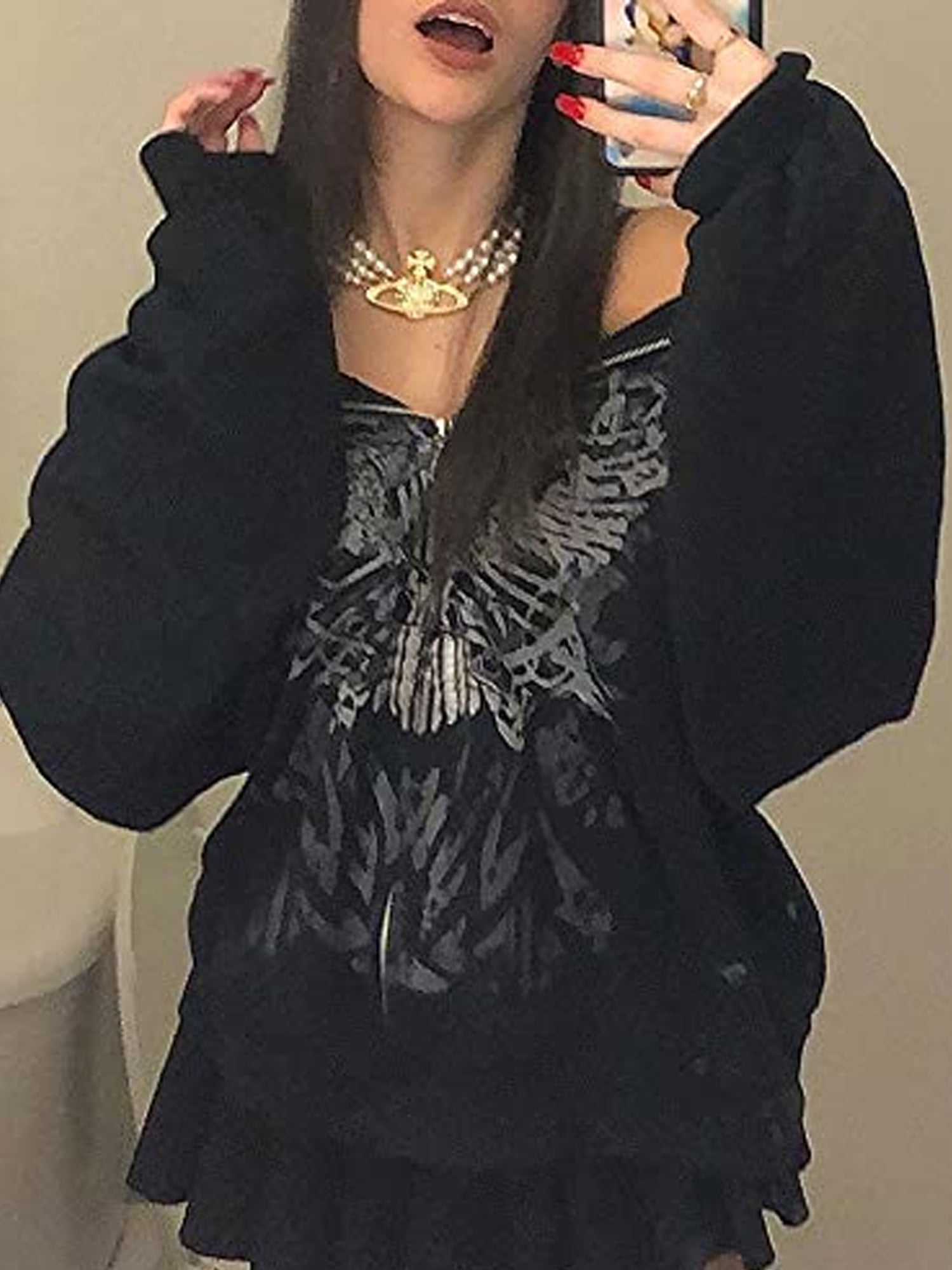 Sunisery Women Zip Up Hoodie Y2k Graphic Oversized Hooded Sweatshirt Jacket Grunge Fairycore Coats Harajuku Streetwear