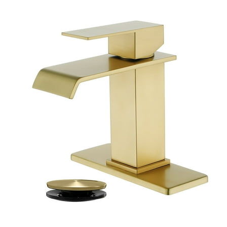 Cobbe Single-Handle Waterfall Spout Bathroom Sink Faucet for Vanity Single-Hole Installation with Pop-Up Drain Brushed Gold