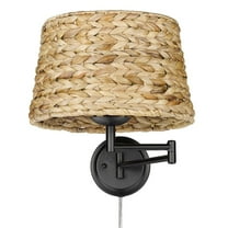 Wry Lighting Eleanor 1-light Swing Arm Wall Lamp in Matte Black and Woven Sweet Grass shade