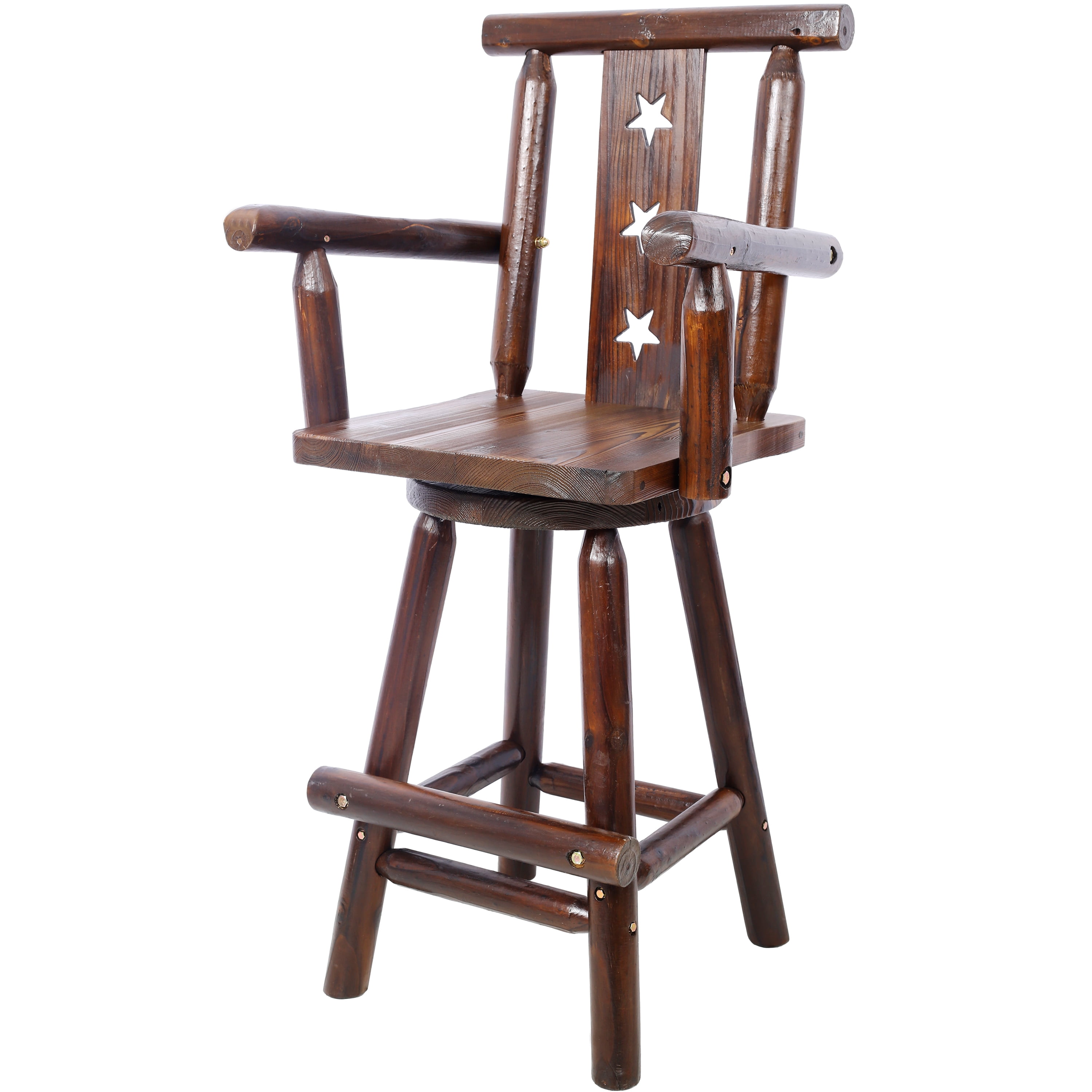 Rustic Bar Stool, Fir Wood Construction, Chair with Decorative Star Backrest, Footrest,Wide Armrest, Rustic Kitchen Stool, Tall Bistro Chair for Dining Room, Restaurant, Pub, 4-Foot