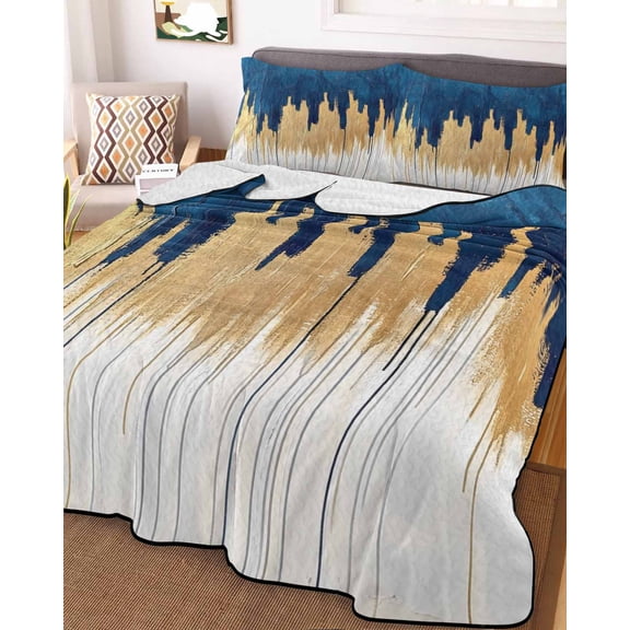 Blue Gold Queen Size Down Alternative Comforter, Lightweight Comforter Quilt Bedding Set with Pillow Shams Modern Street Art Splatter Foil Painting All Seasons Bed Comforter Duvet Insert 90"x96"