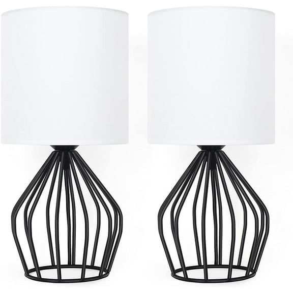 Cage Design Hollow Metal Base Bedside Lamp White Shade (2-Piece Set)