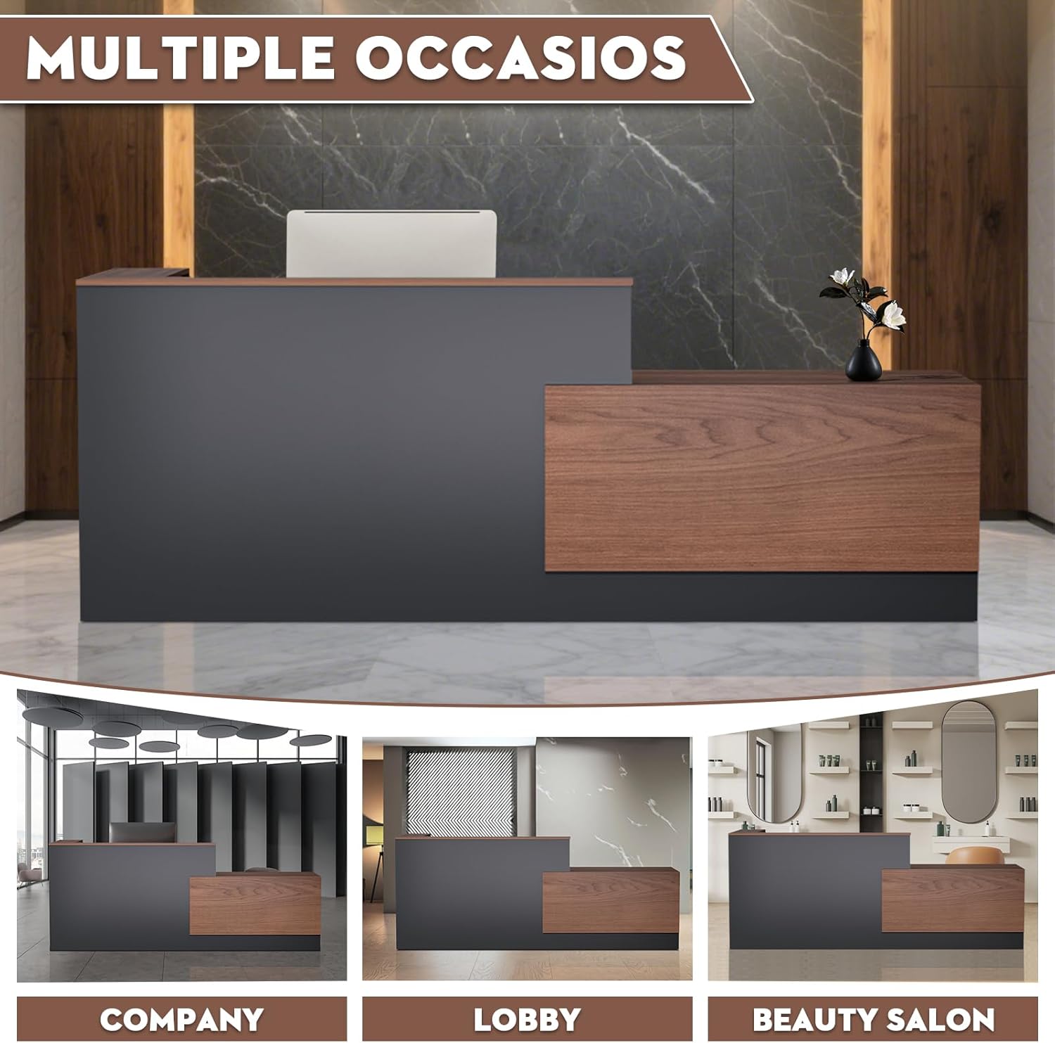Esheno Commercial L Shaped Reception Desk 87 inch Wooden Front Counter with Lockable Drawers Cabinet Walnut Right Cabinet for Lobby Office Checkout