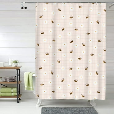 Shower Curtain, bees daisies checkered cute Waterproof Fabric Plastic Shower Curtain, Drying Fast Bathroom Curtain with 9 Buttonholes, Ruffle Shower Curtain 60x72in