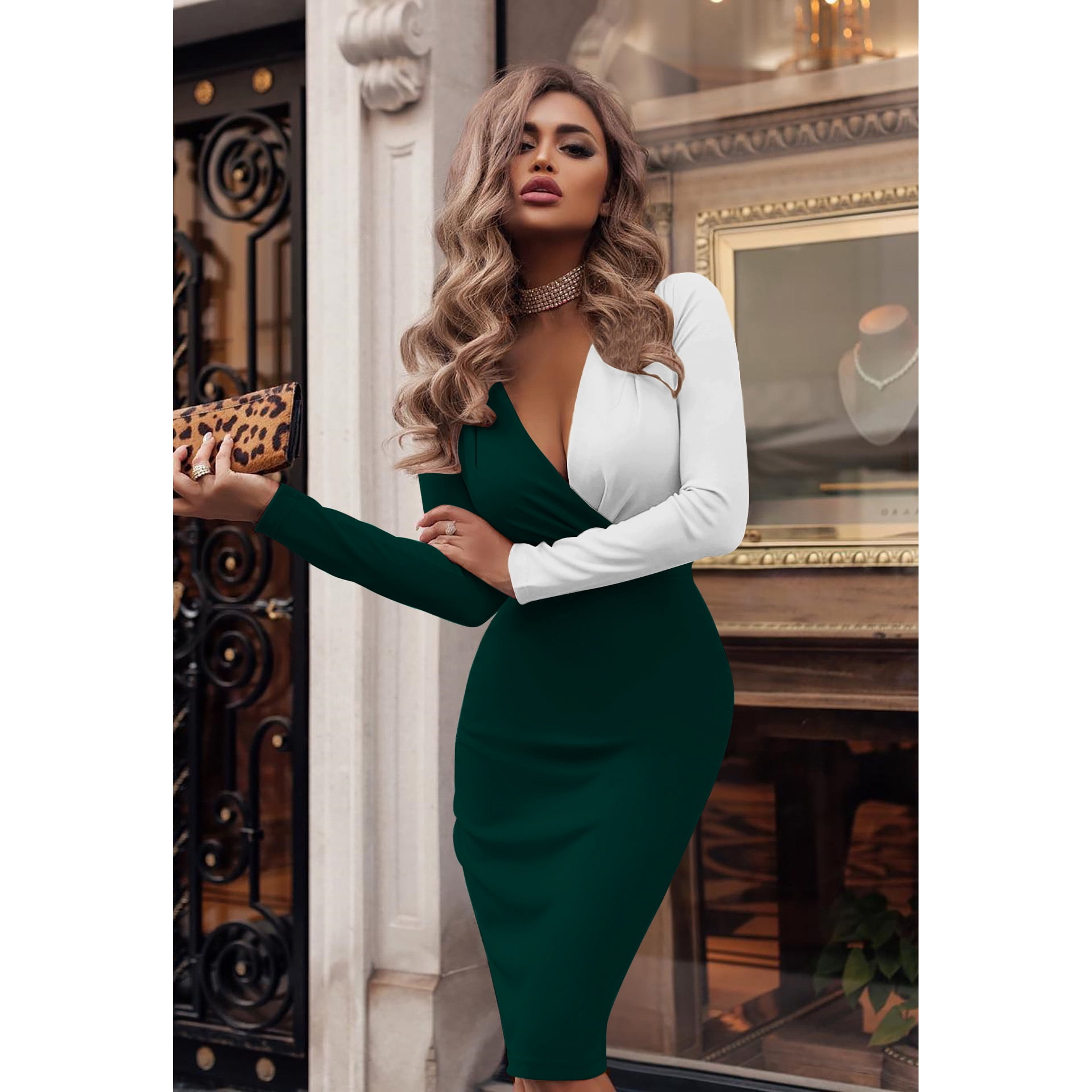 Women's Fahsion Sexy Hit Color Office Casual A Line Skirt Low Cut V Neck  Long Sleeved Packag Hip Dresses Sexy Party Dresses - Walmart.com