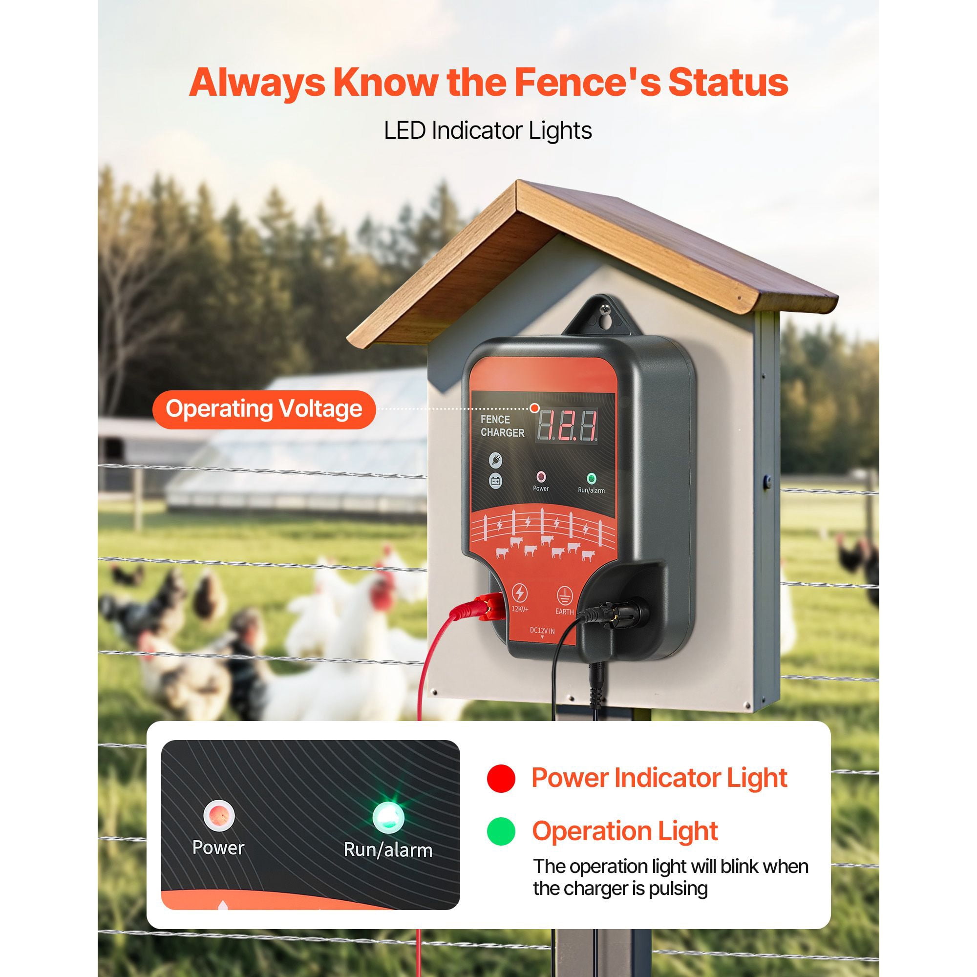 Electric Fence Charger, 3 Joule 12kV Output, Supports AC/DC/Solar Power, IP65 Waterproof, -40°F to 131°F, 1-3 km Range for Livestock and Wildlife Protection