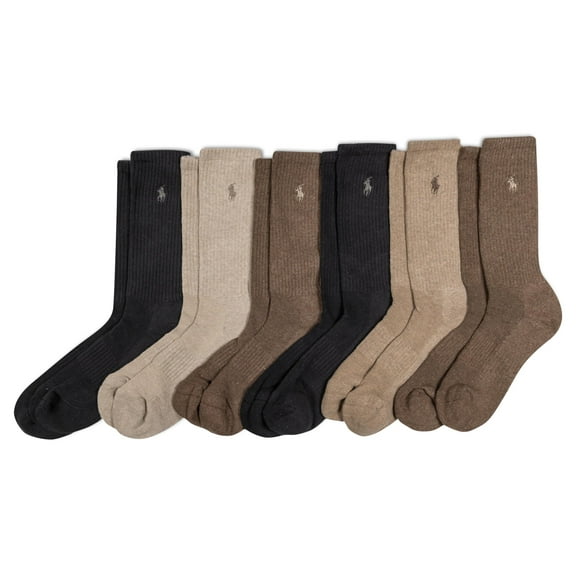 Polo Ralph Lauren Men's Athletic Performance Cotton Crew Socks-6 Pair Pack-Breathable Mesh & Sport Moisture Wicking, Brown, 6-12.5