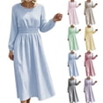 thumbnail image 2 of FRSASU Women's Long Sleeve Striped A Line Midi Dress Round Neck Smocked Elastic Waist Flowy Casual Daily Holiday Long Dress Yellow, 2 of 8