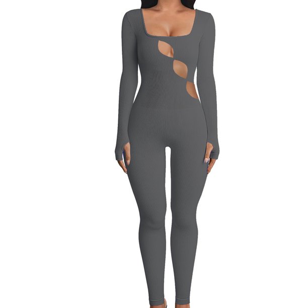 YiLvUst Women Ribbed Knit Yoga Jumpsuits Long Sleeve Square Neck