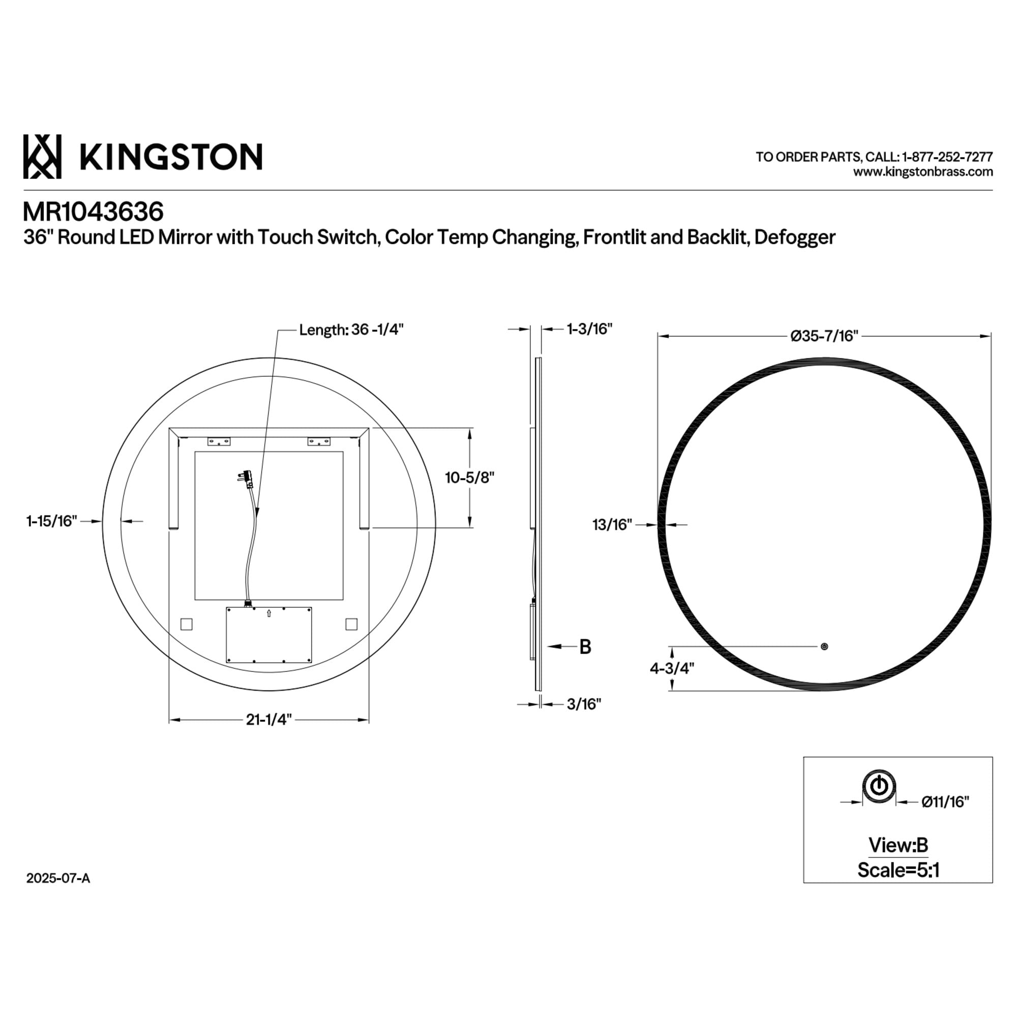Kingston Brass MR1043636 Aurora 36-Inch Round LED Bathroom Mirror, Front and Back Light, Anti-Fog, Dimmable Touch Sensor Lighted Mirror in Silver