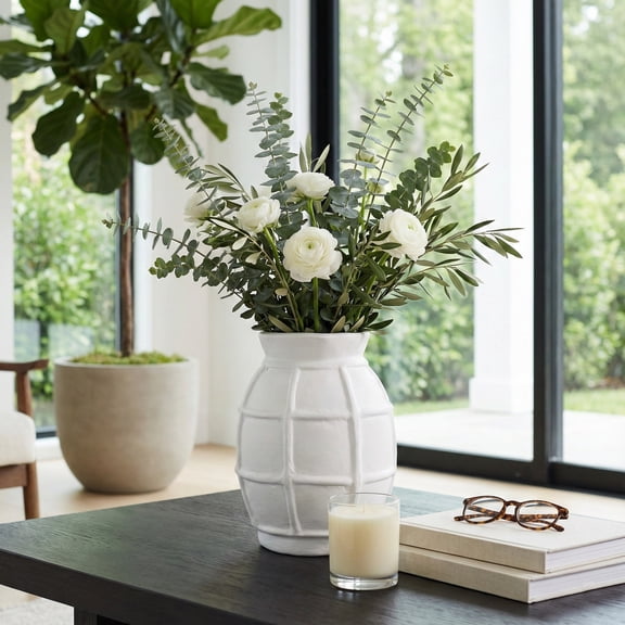 Sculptural Pottery Vase with Grid Pattern for Home Decor - Minimalist Flower Vase for Bedroom, Kitchen, and Home Styling - House Accent for Entryway, Office, and Coffee Table - 14", White