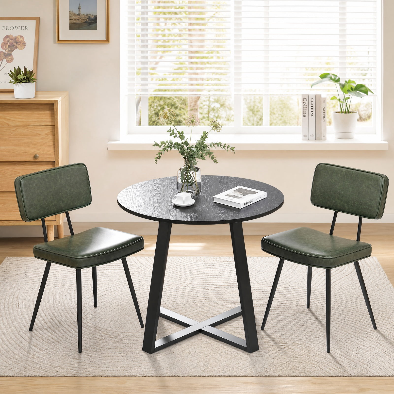 Furnibear Leather Dining Chairs Set of 2 with Padded Backrest and Tapered Metal Legs for Kitchen Dining Room, Dark Green