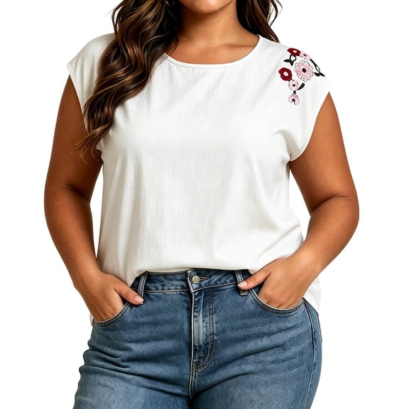 Diufon Summer Tank Tops for Women Floral Embroidered Cap Sleeve Crewneck Blouse Casual Beach Vacation Shirts