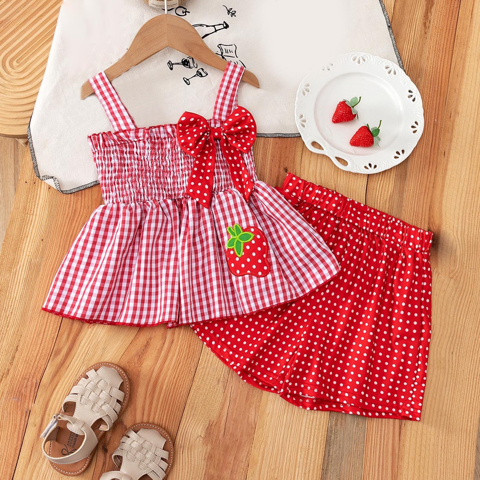 Faraee Toddler Baby Girl Summer Clothes Plaid Strawberry Sleeveless Smocked Tank Tops Bottom Shorts Set Linen Outfit Set 2t 3t 4t 5t 6t 7t Red