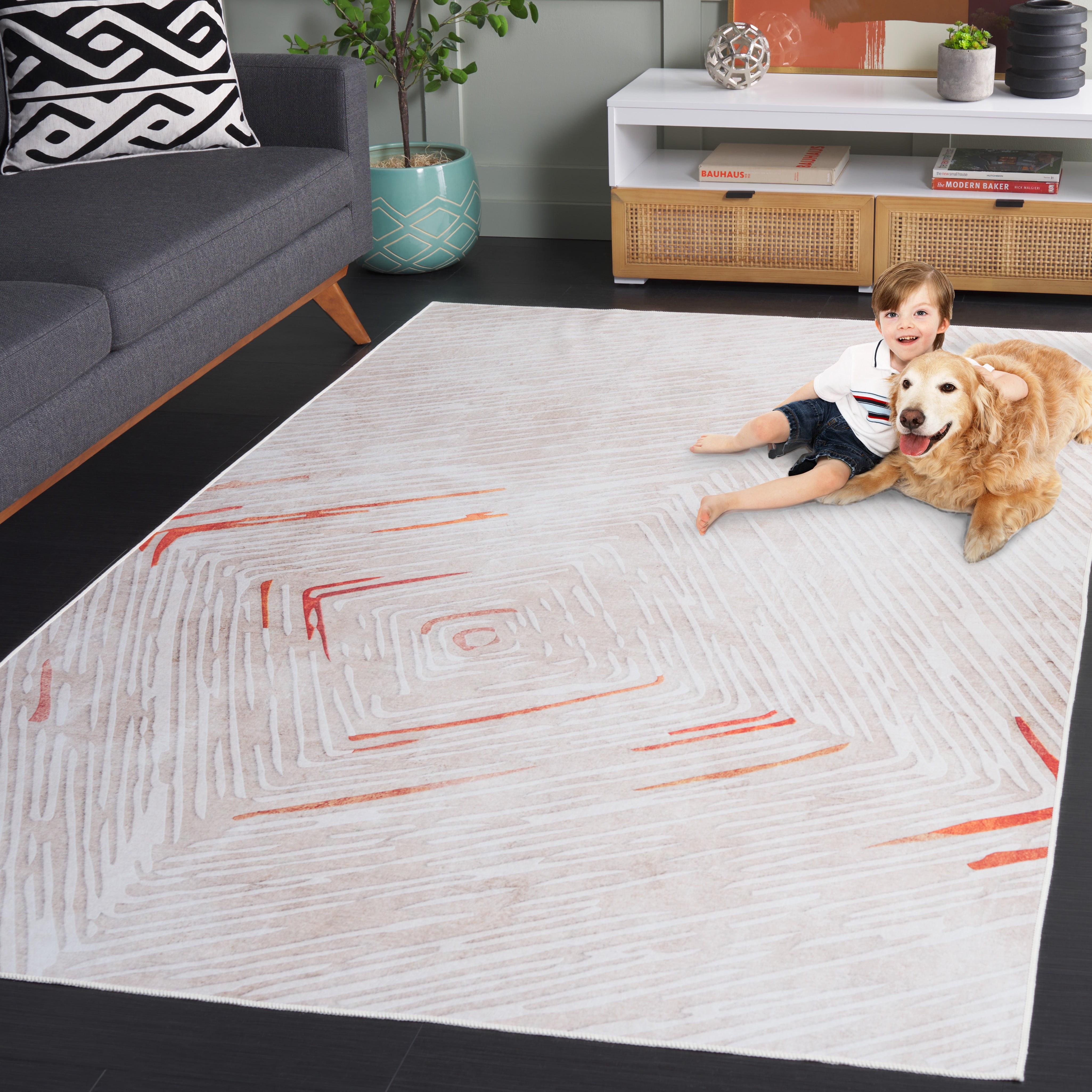 SAFAVIEH Malibu Cordelia Geometric Machine Washable Area Rug, Beige/Rust, 6' x 9'