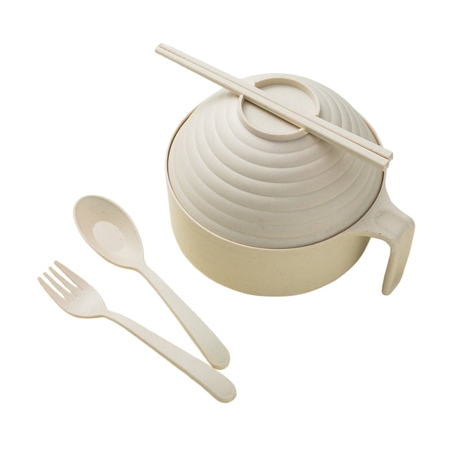 Beige Instant Noodle Bowl Tableware, Student Dormitory Apartment, Rental Bowl And Chopsticks, Fork Spoon Set With Lid And Handle, Instant Noodle Pot Beige