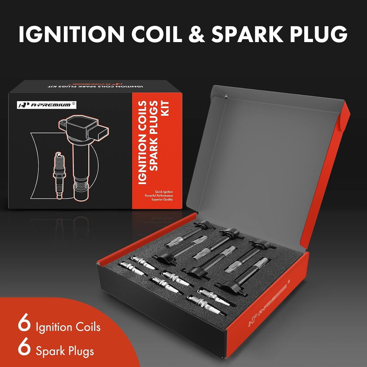 A-Premium Set of 6 (Black) Ignition Coil Pack Iridium Spark Plug Compatible with Chrysler 300 2006-2010, Sebring 2006-2010, Town & Country 2008-2010 & Dodge Avenger 2008-2010